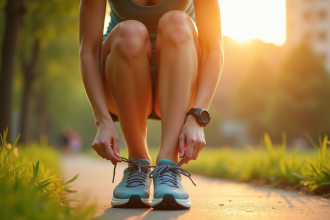 Jeune femme attachant ses lacets dans un parc ensoleille pour courir