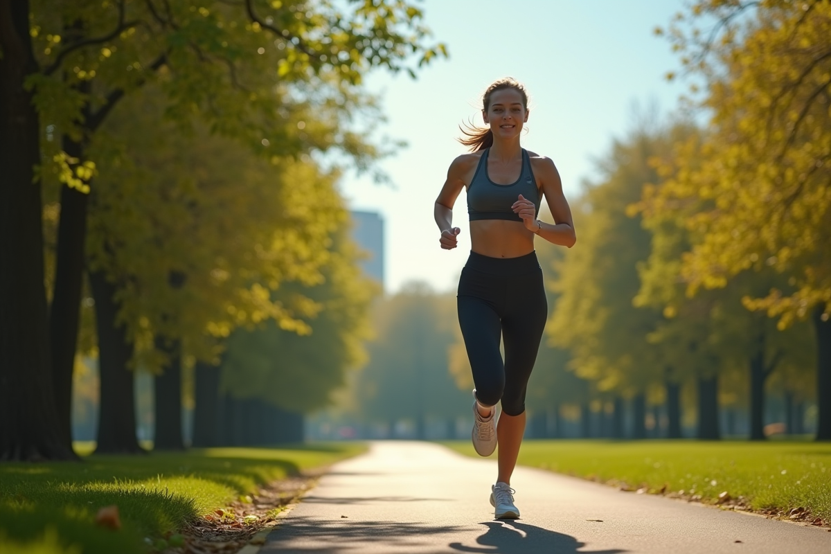 Jeune femme courant dans un parc ensoleille avec tenue sportive
