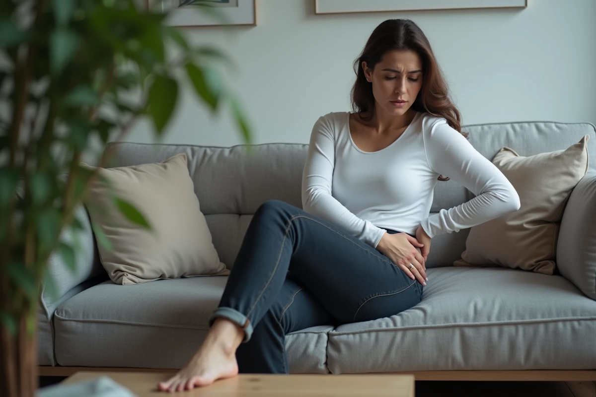 Jeune femme assise en mauvaise posture sur un canapé se tenant le bas du dos côté droit, douleur liée aux habitudes posturales