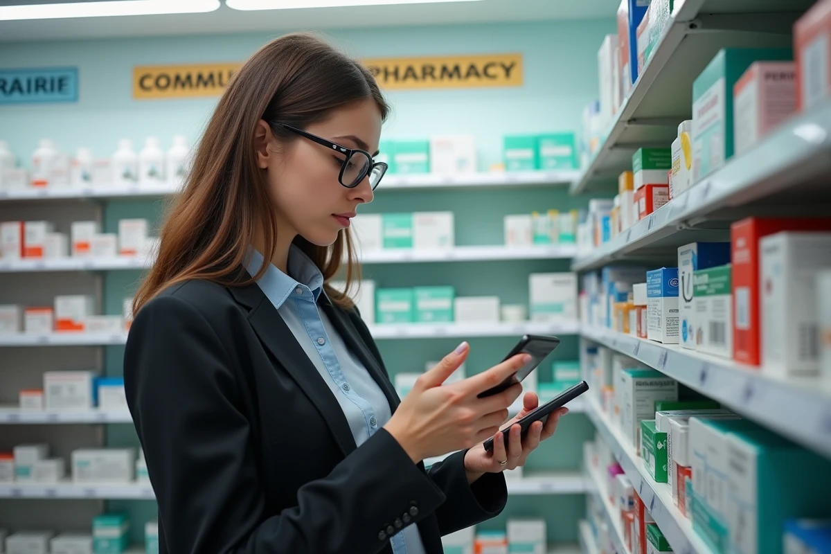 Jeune femme examine une boite de xyphanol en pharmacie