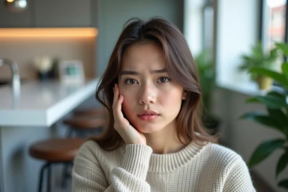 Jeune femme en salle d'attente dentiste avec expression pensive