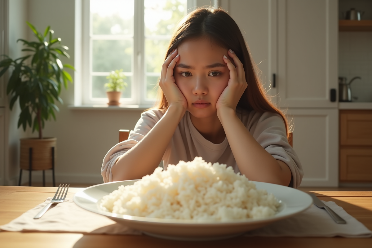 Jeune femme inquiète devant un plat de riz blanc dans une cuisine lumineuse