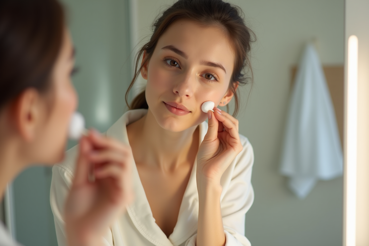 Jeune femme appliquant un coton sur sa joue devant miroir