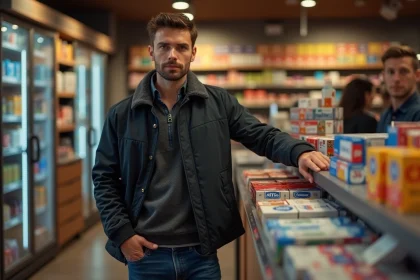 Jeune homme au magasin &agrave; Luxembourg avec cigarette