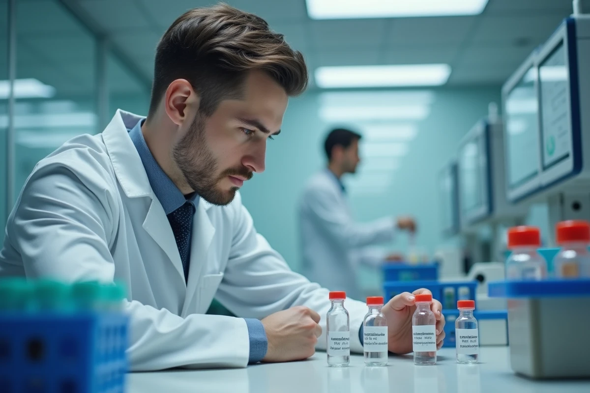 Jeune homme observant ses échantillons en laboratoire