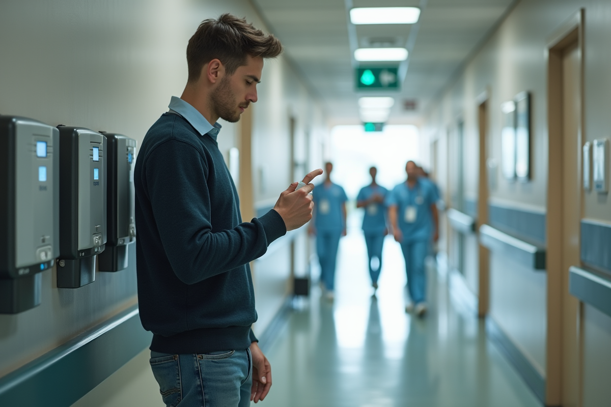 Jeune homme appliquant gel désinfectant dans couloir hospitalier