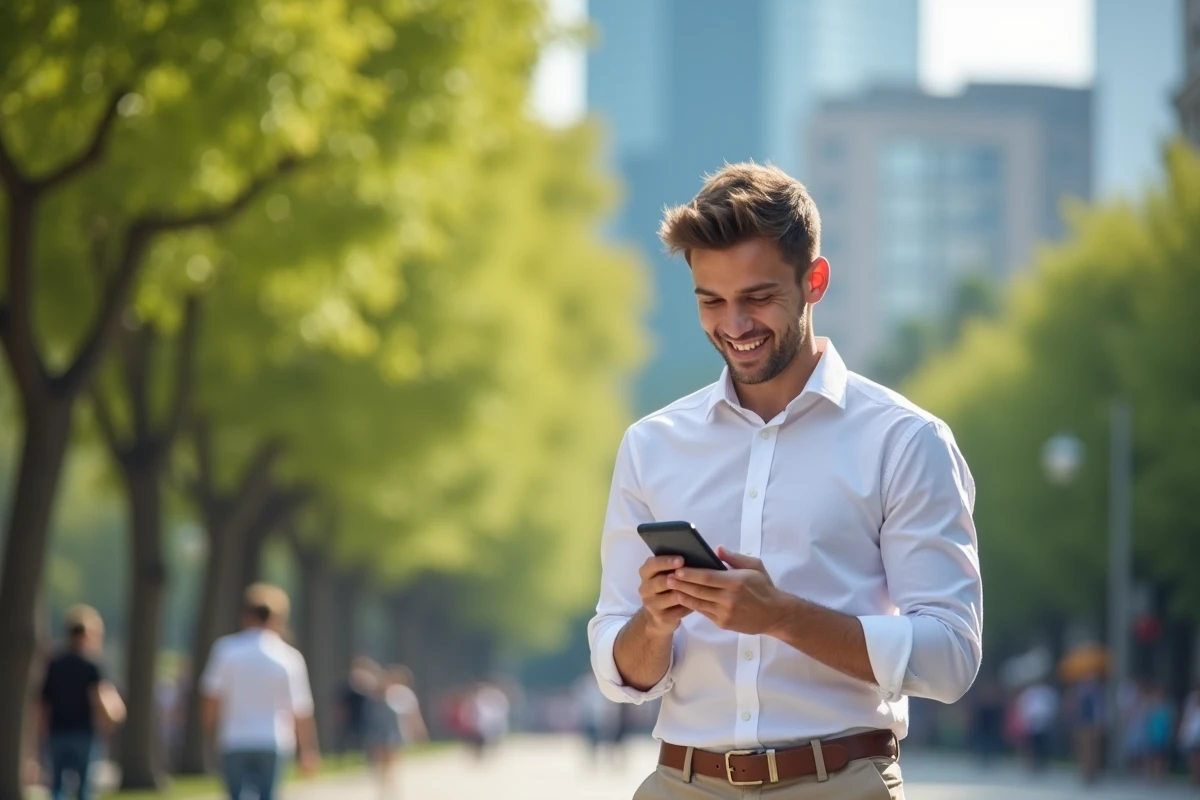 Jeune homme confiant lisant sur son smartphone dans un parc urbain