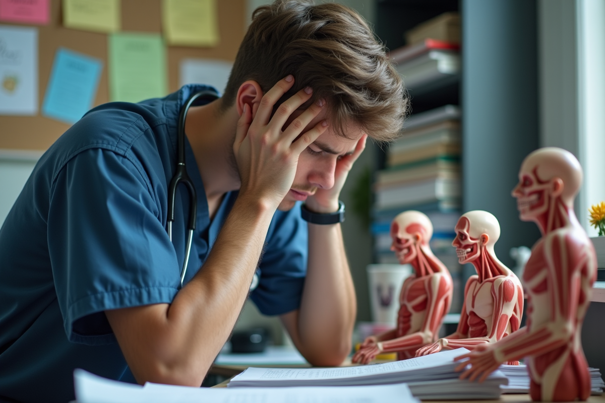 Étudiant en médecine stressé à son bureau à la maison