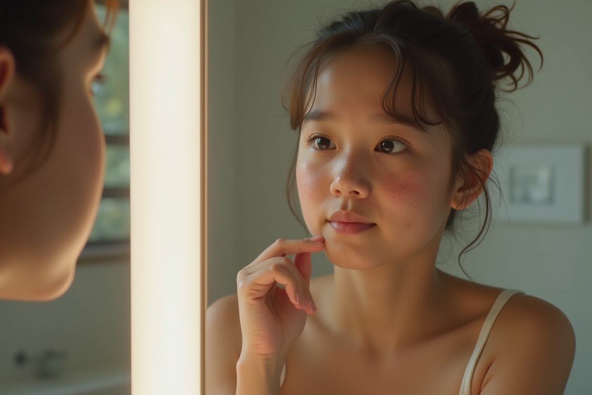 Jeune personne avec acné regardant son reflet dans un miroir lumineux