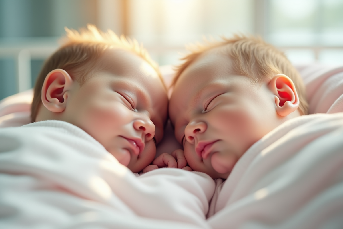 Deux bébés jumeaux endormis dans un lit d'hôpital lumineux