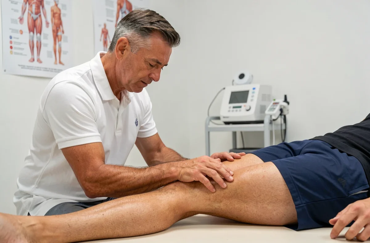 Kinésithérapeute effectuant un bilan clinique de la tendinopathie de la patte d'oie sur un patient allongé