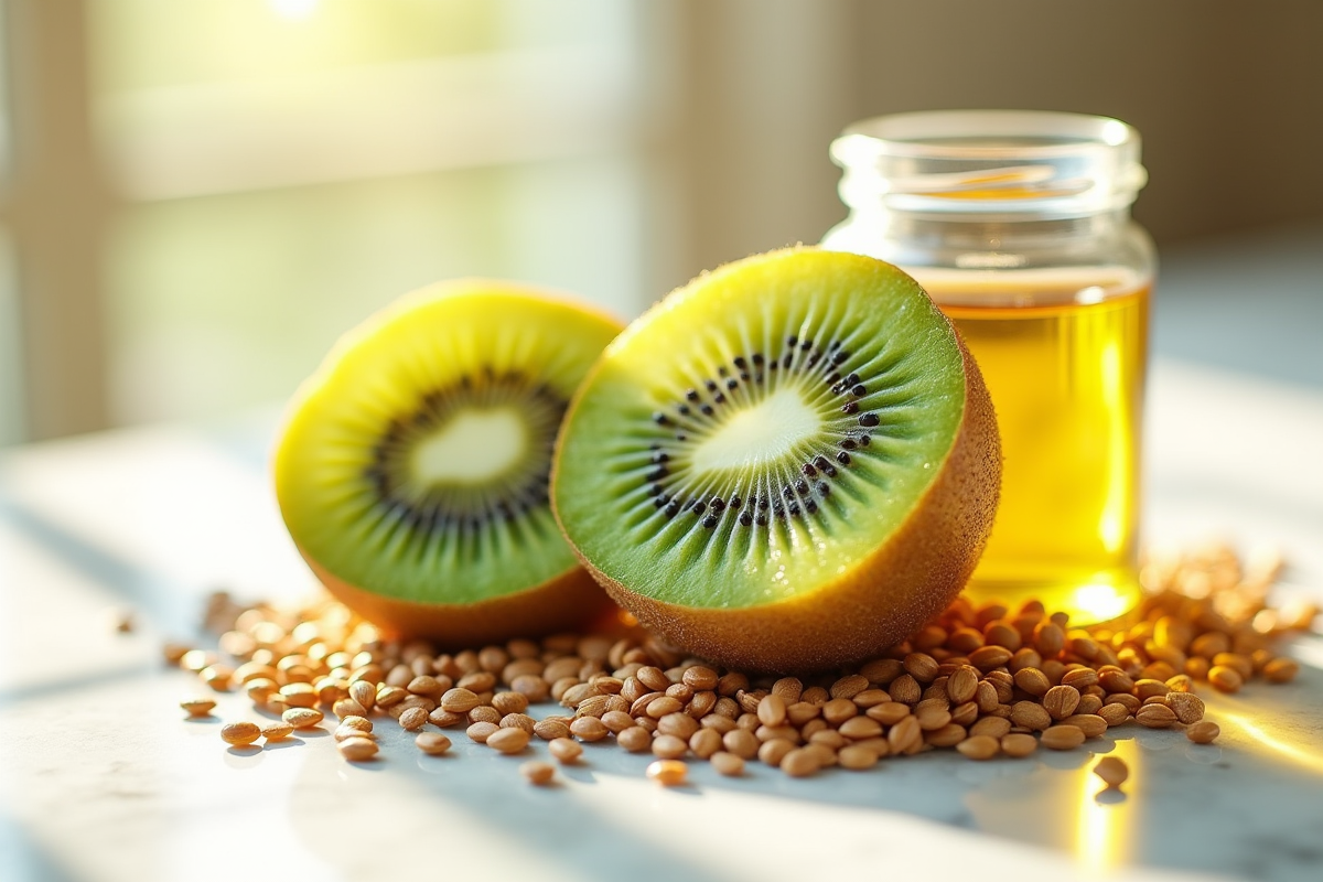 Tranche de kiwi sur marbre blanc avec huile et graines