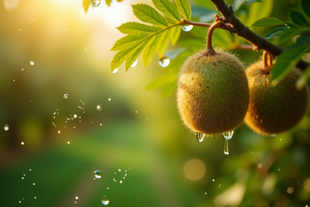 Verger de kiwi au matin avec branche et gouttes de rosée
