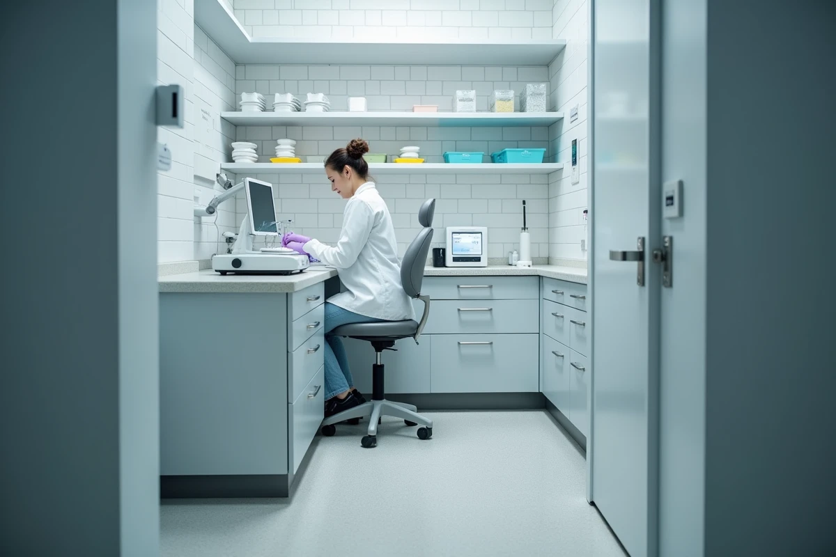 Laboratoire dentaire compact avec technicienne utilisant équipement Capdentaire modulaire mural