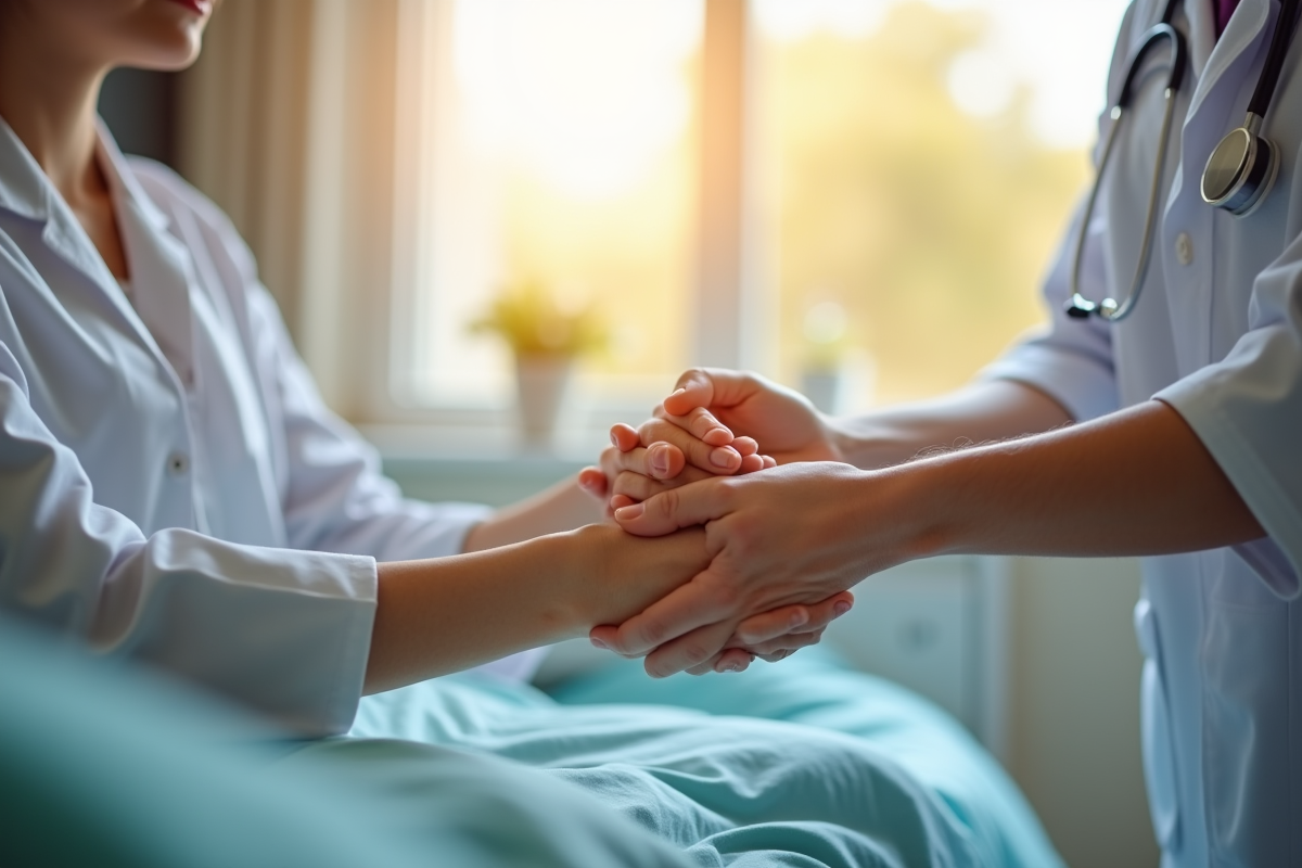Main d'un médecin réconfortant une femme à l'hôpital