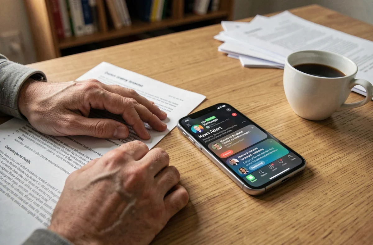 Mains posées sur un bureau avec un smartphone affichant une alerte d'actualité santé et des documents imprimés, ambiance bureau éditorial