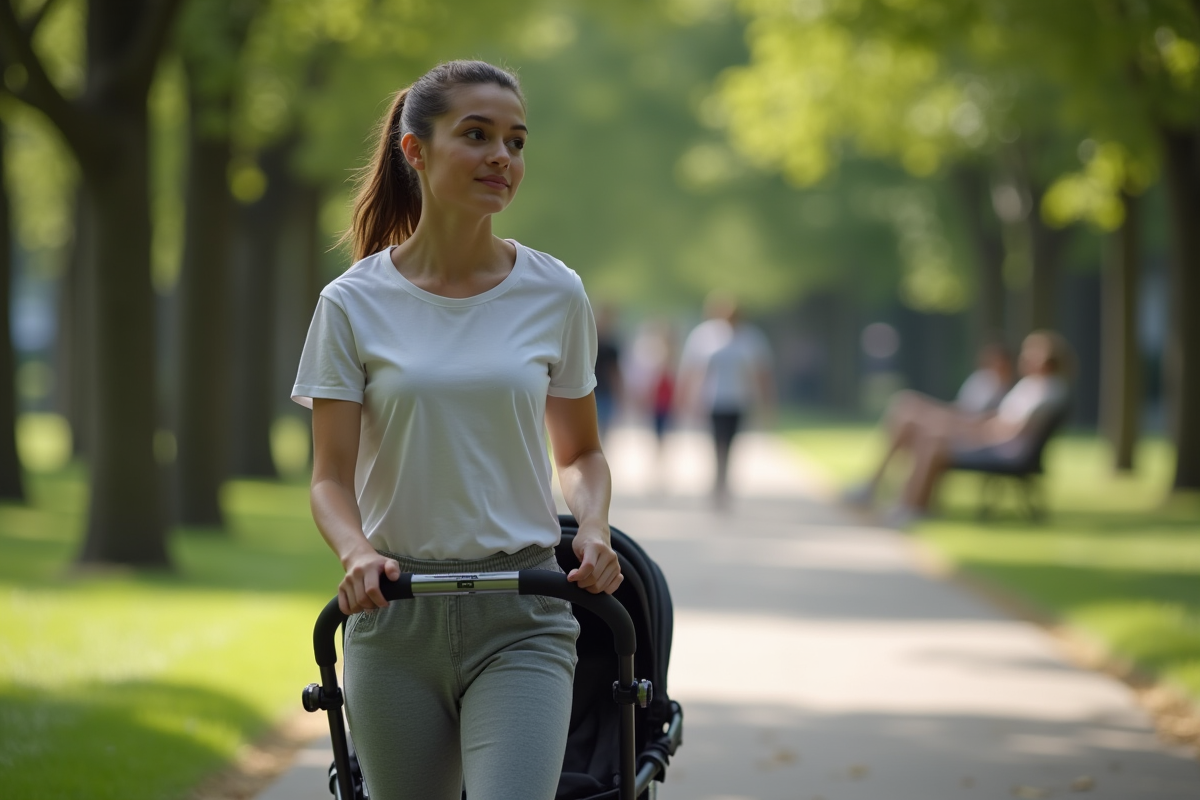 Maman marchant dans un parc avec sa poussette en pleine nature