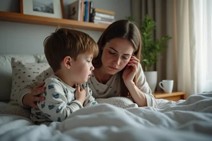 Maman inqui&egrave;te veille sur son enfant malade au lit