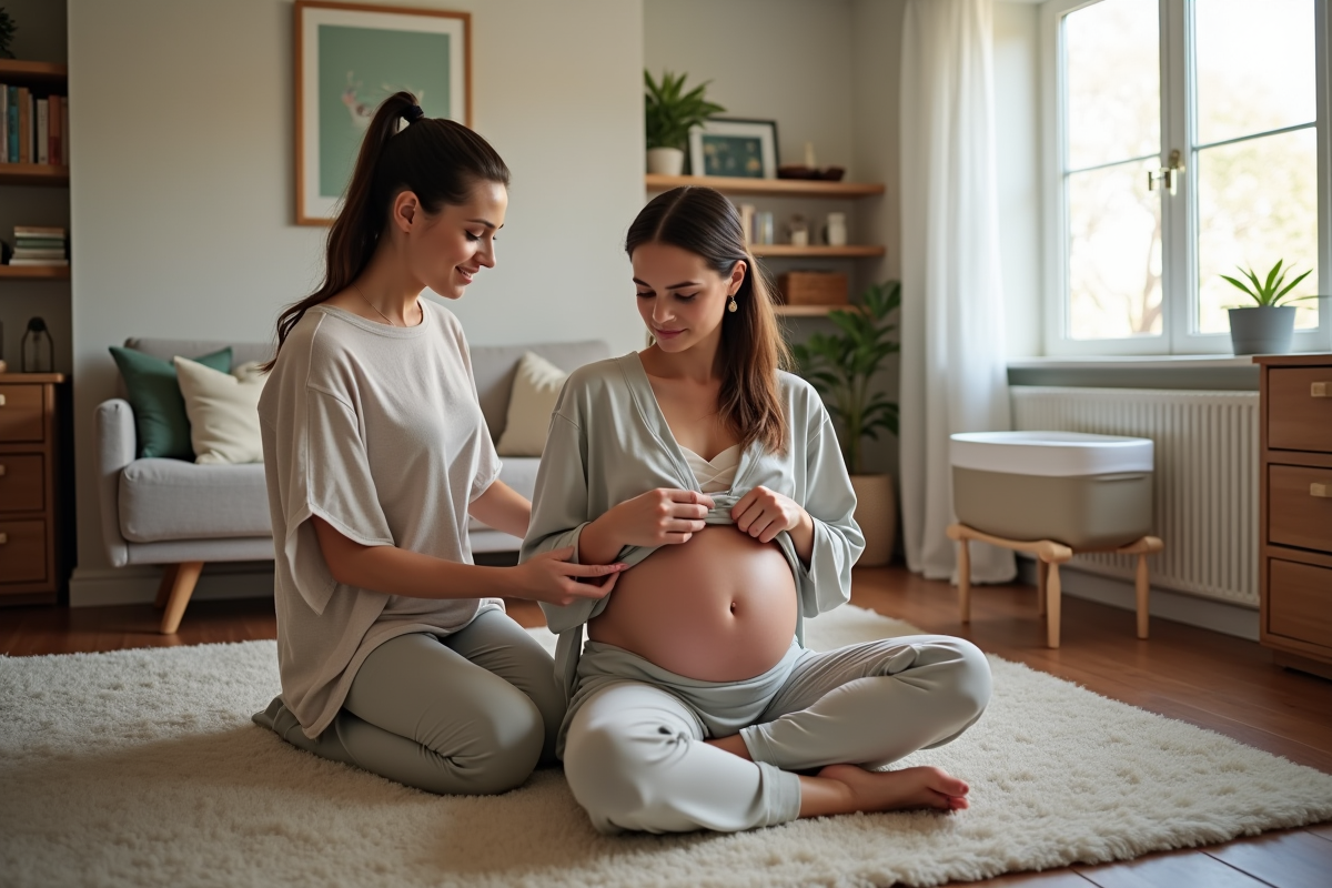 Maman assise avec praticienne en rebozo dans salon lumineux