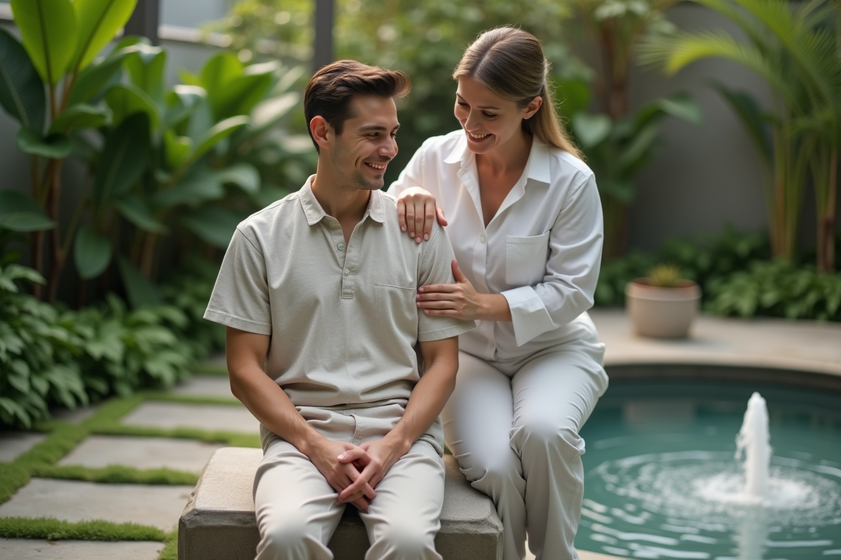 Jeune homme recevant un massage en jardin naturel