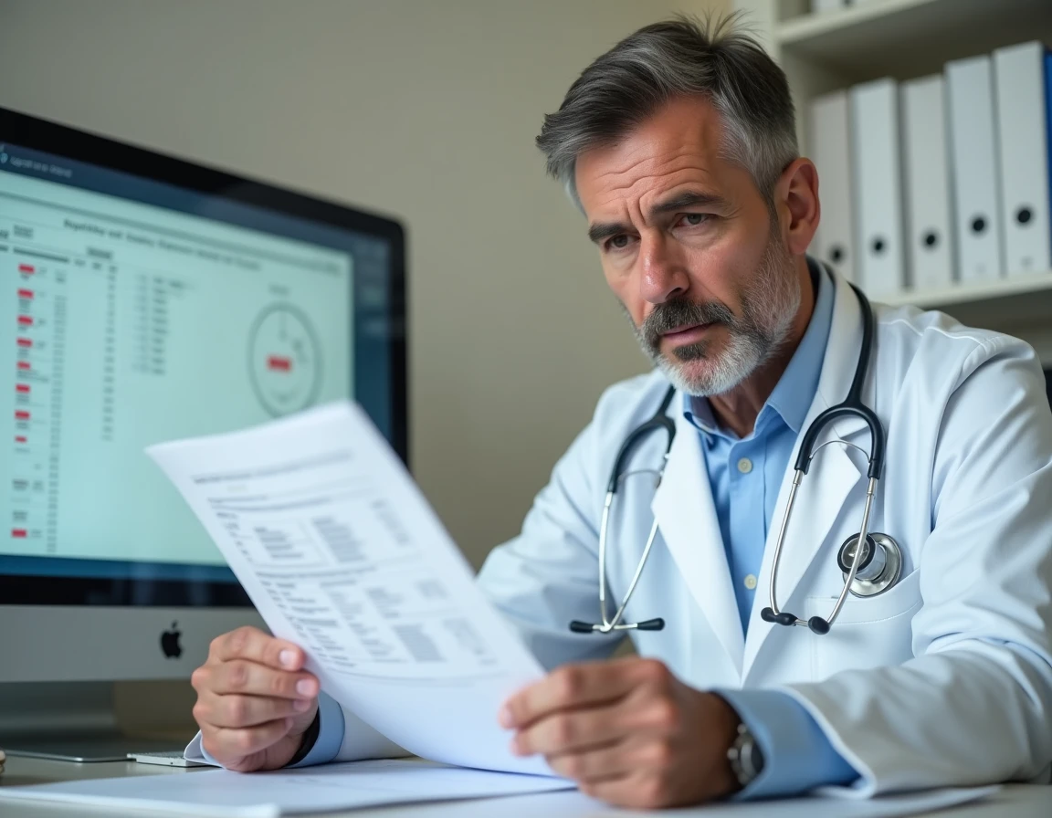 M&eacute;decin analysant des r&eacute;sultats d'analyses sanguines montrant un TCMH bas, dans le cadre d'un diagnostic de cancer potentiel