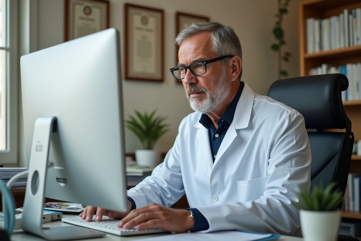 Médecin généraliste créant un bon de transport dématérialisé sur ordinateur en cabinet