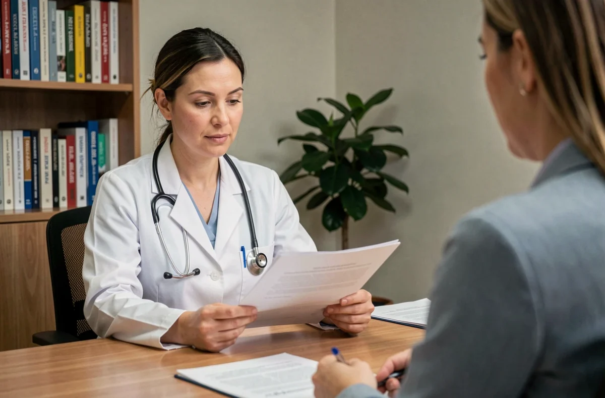 Médecin femme en consultation médicale expliquant les effets des semelles Akusoli sur la perte de poids à un patient