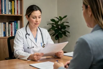 Médecin femme en consultation médicale expliquant les effets des semelles Akusoli sur la perte de poids à un patient