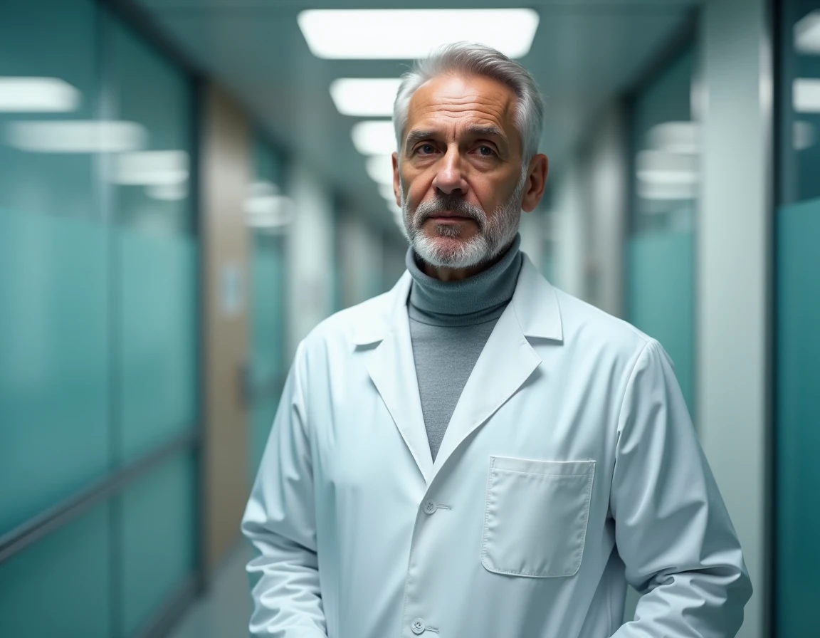 Médecin dans un couloir d'hôpital moderne en France, expression réfléchie évoquant le parcours médical face à la maladie