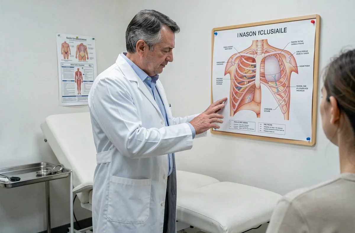 Médecin en blouse blanche examinant la cage thoracique d'un patient dans une salle médicale avec schéma anatomique en arrière-plan