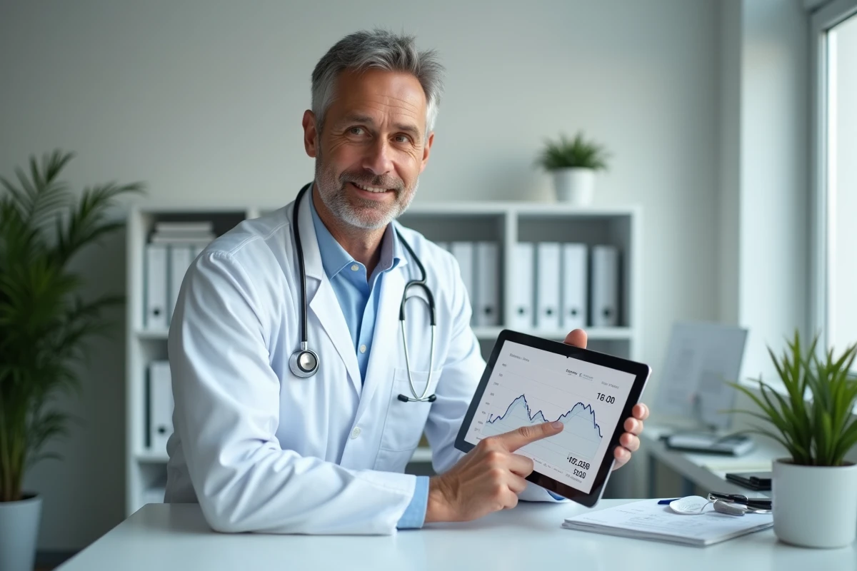 Médecin expliquant la distance en kilomètres correspondant à 10000 pas par jour avec une tablette