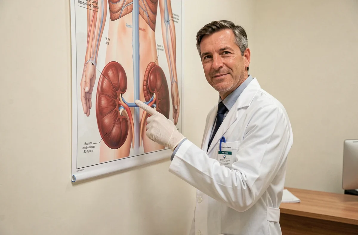 Médecin montrant la position des reins sur un poster anatomique dans un cabinet médical