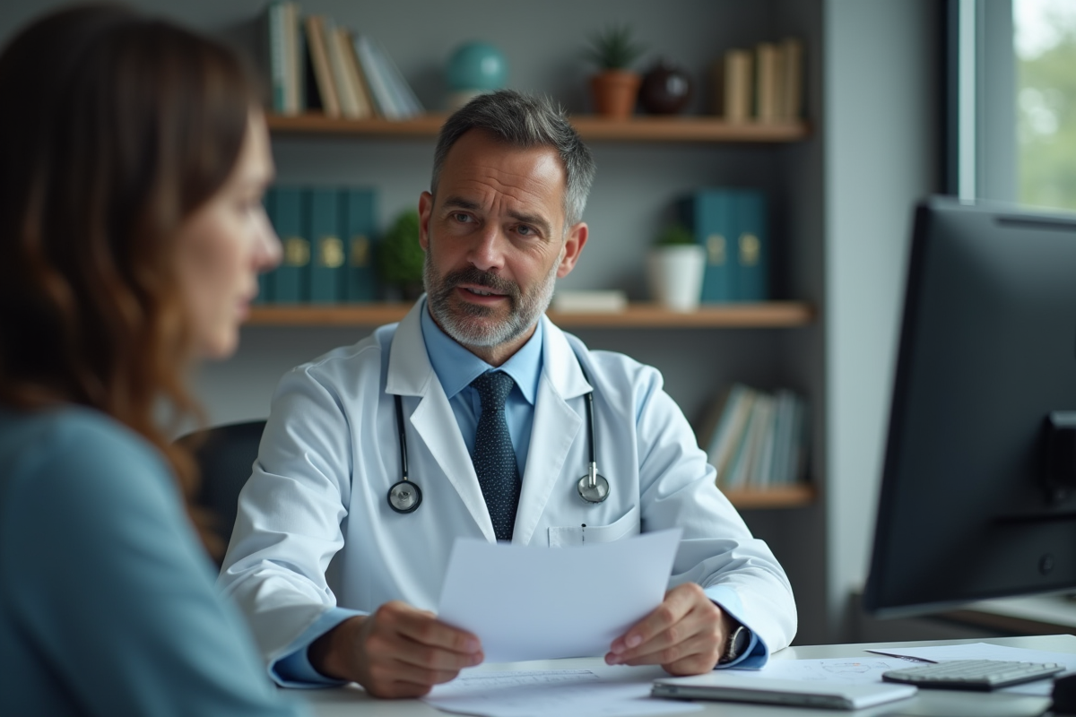 Medecin calme expliquant un document à un patient