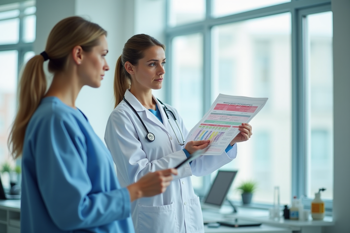 Medecin femme montrant resultats hormonaux a une patiente dans un laboratoire lumineux