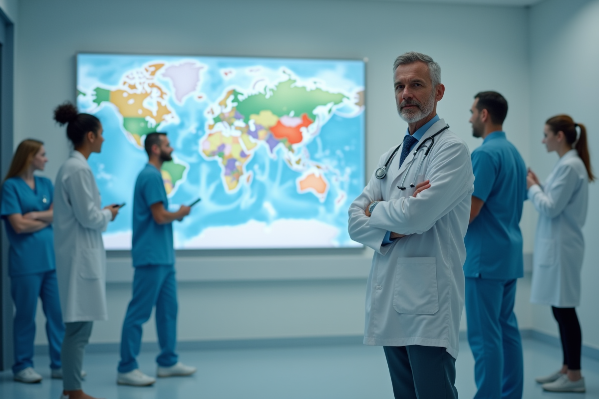 Medecin confiant devant une carte du monde en hopital moderne
