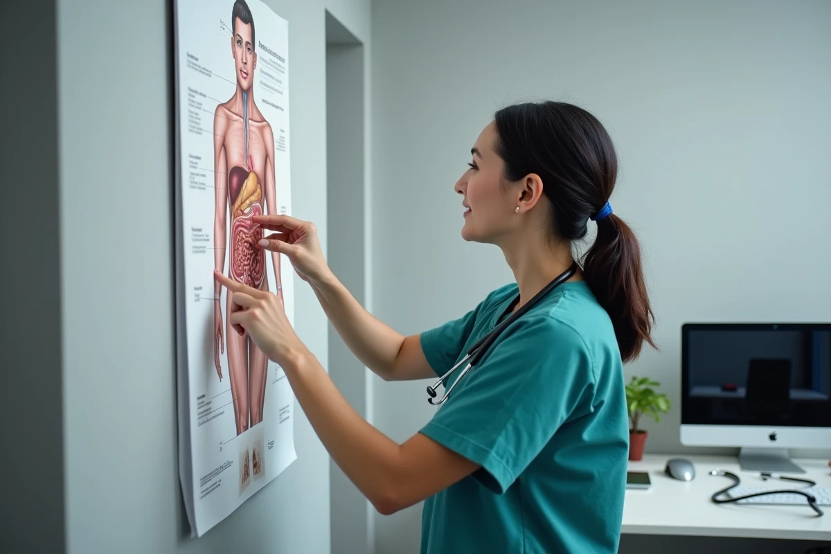 Médecin expliquant la localisation de la douleur pancréatique sur un schéma anatomique en consultation