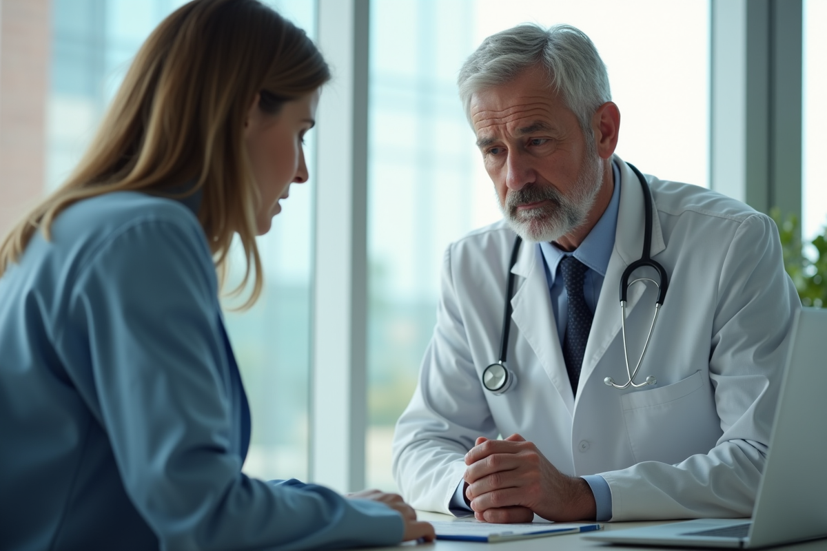 Médecin attentif parlant à un patient inquiet dans un cabinet lumineux