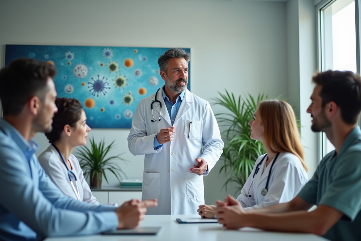 Medecin expliquant la transmission des maladies aeree