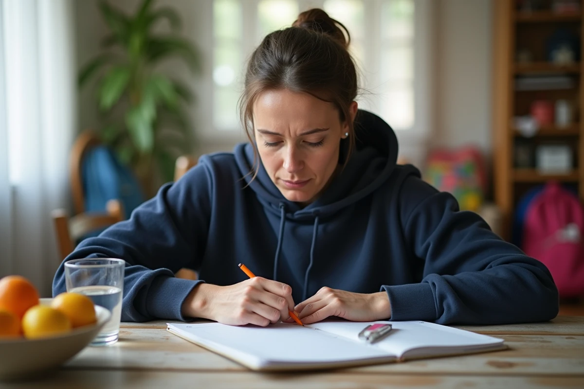 Mère de famille consultant un plan alimentaire manuscrit à table, représentant une démarche de perte de poids sans activité sportive