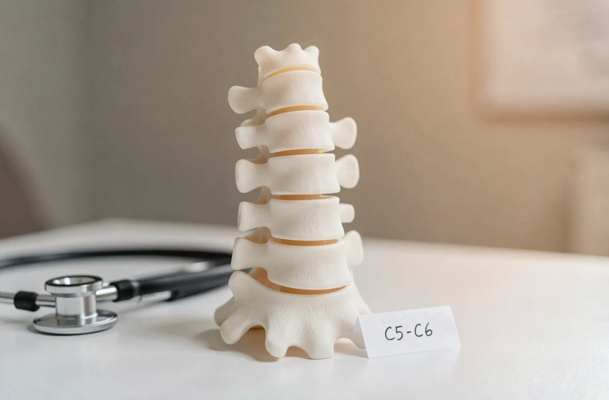 Modèle anatomique de la colonne cervicale mettant en évidence les vertèbres C5 et C6 impliquées dans une protrusion discale
