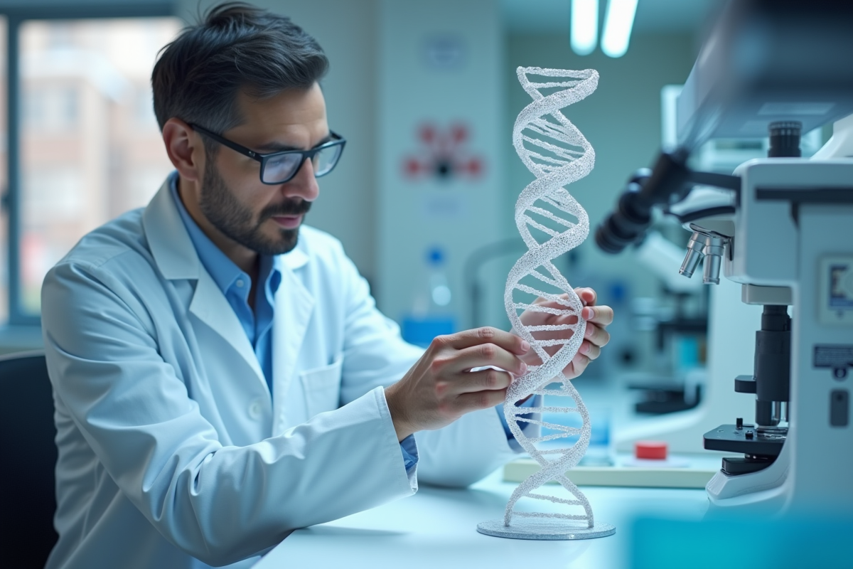 Chercheur examinant une double hélice d ADN dans un laboratoire
