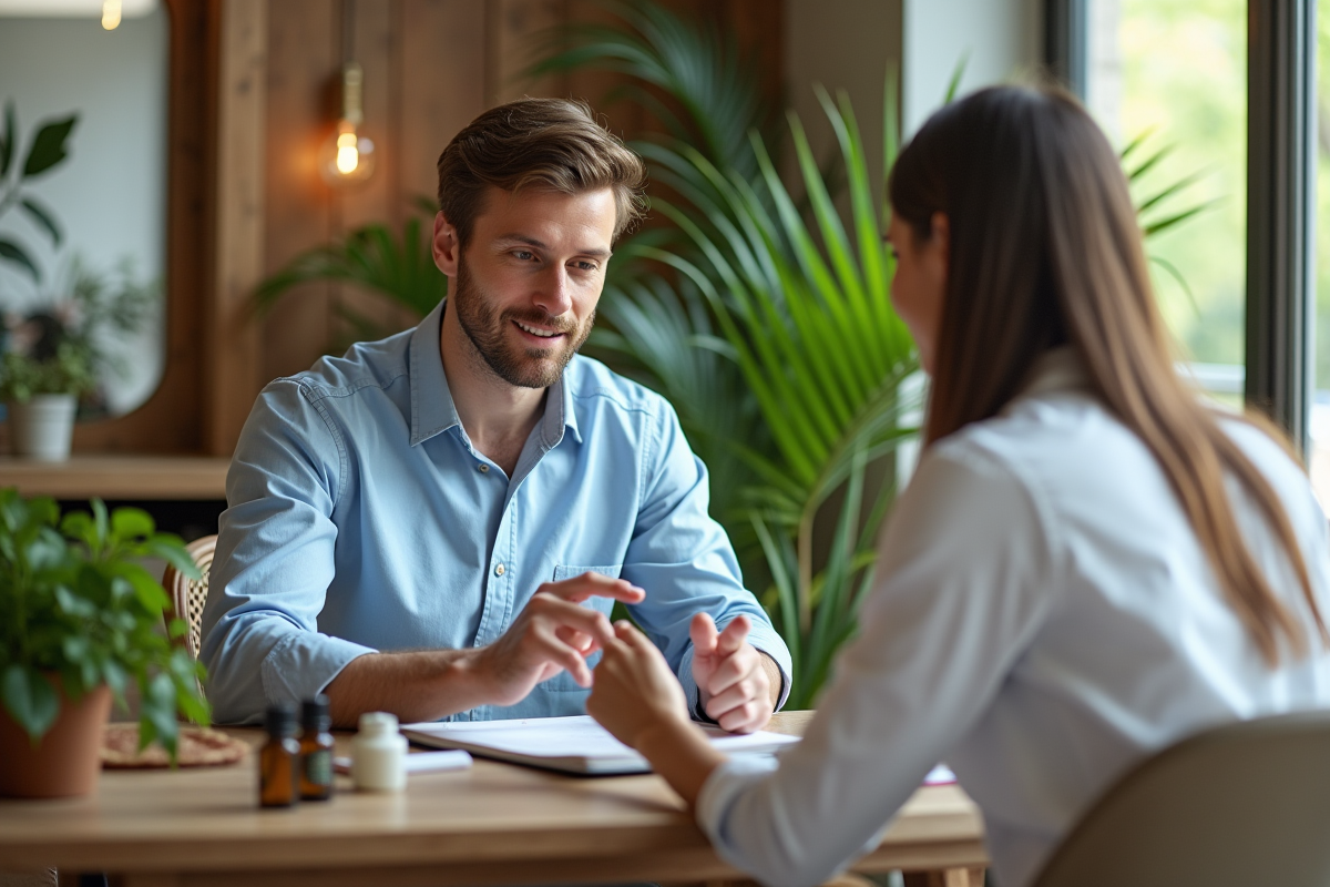 Naturopathe jeune en consultation dans un espace zen