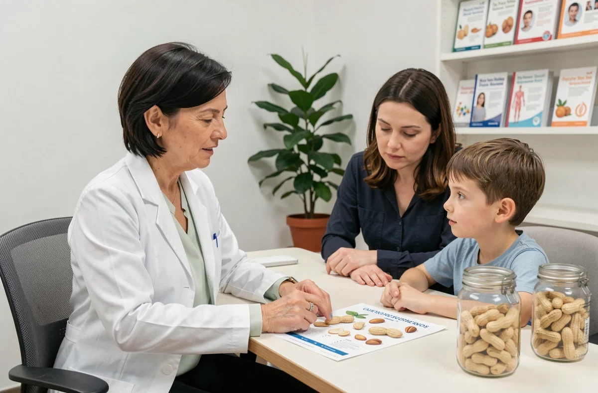 Nutritionniste pédiatrique expliquant les bienfaits des cacahuètes à un enfant et sa mère lors d'une consultation