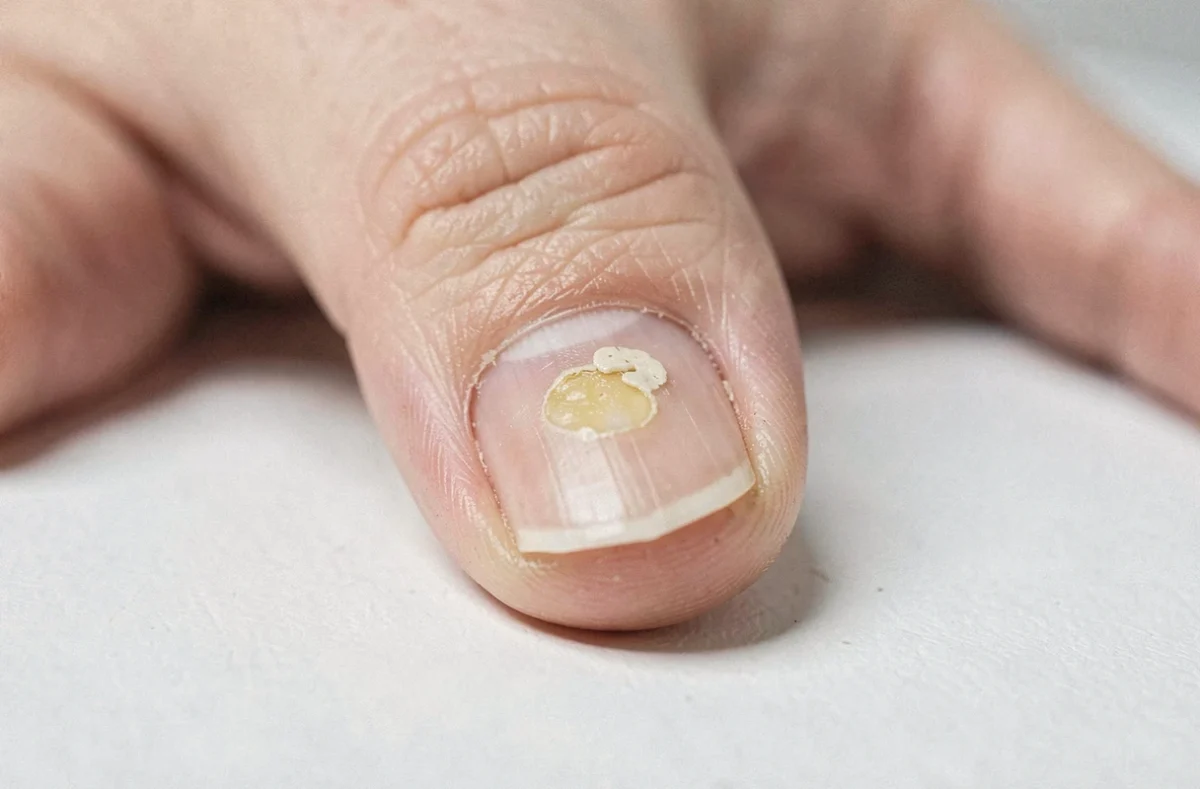 Gros plan d'un ongle épaissi et décoloré à la base illustrant une possible atteinte de la matrice ou une mycose unguéale