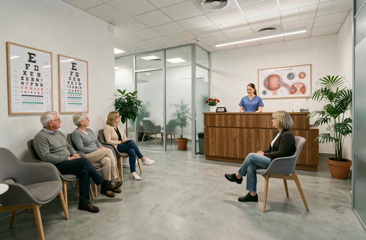 Salle d'attente moderne d'un centre ophtalmologique en Auvergne-Rhône-Alpes avec patients et personnel médical