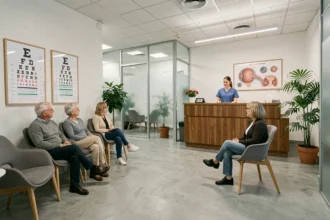 Salle d'attente moderne d'un centre ophtalmologique en Auvergne-Rhône-Alpes avec patients et personnel médical