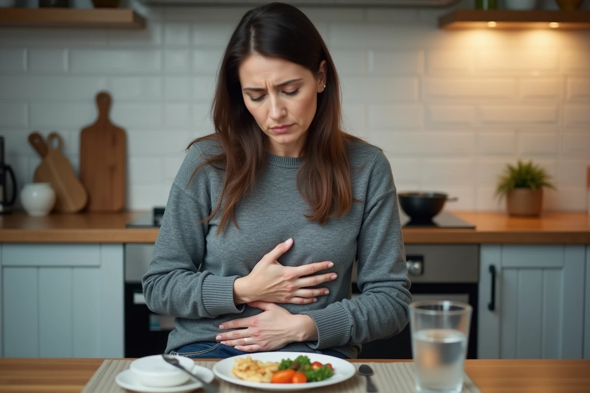 Femme ressentant des palpitations cardiaques après un repas en lien avec le syndrome gastro-cardiaque
