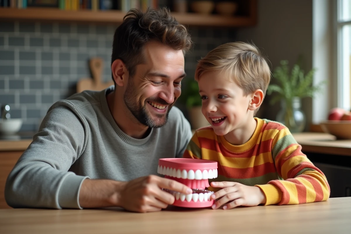 Père expliquant le vocabulaire dentaire à son fils avec un modèle