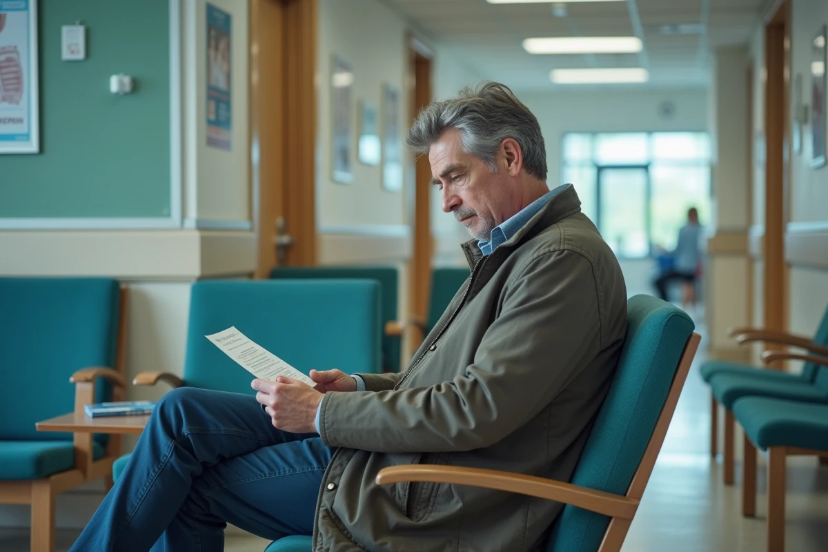 Patient lisant une brochure sur les précautions de sécurité IRM dans une salle d'attente d'hôpital moderne
