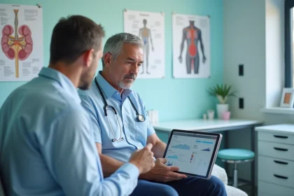 Patient et m&eacute;decin discutant r&eacute;sultats m&eacute;dicaux en consultation